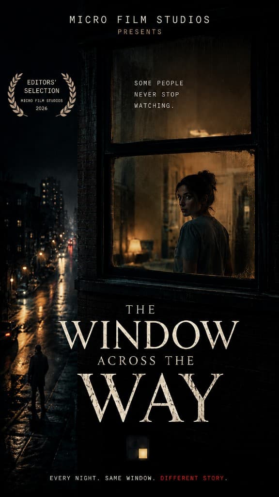 The Window Across the Way — Micro Film Studios cover. A woman framed in a rain-streaked apartment window above a wet city street at night, with a silhouetted figure on the sidewalk below.